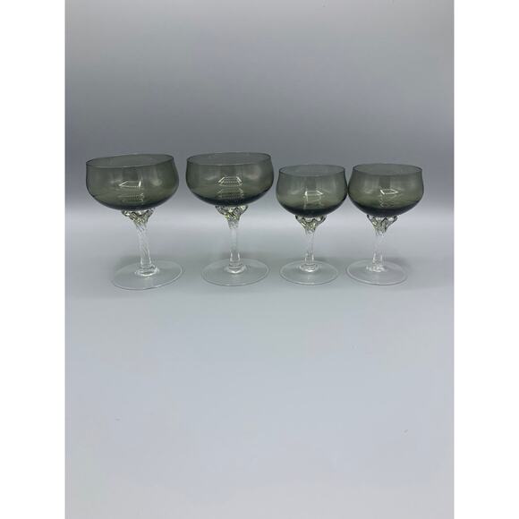 Coronation-Smoke by Sasaki Crystal Set of 4, Smoke Gray w/ Clear Twisted Stem - Picture 1 of 3